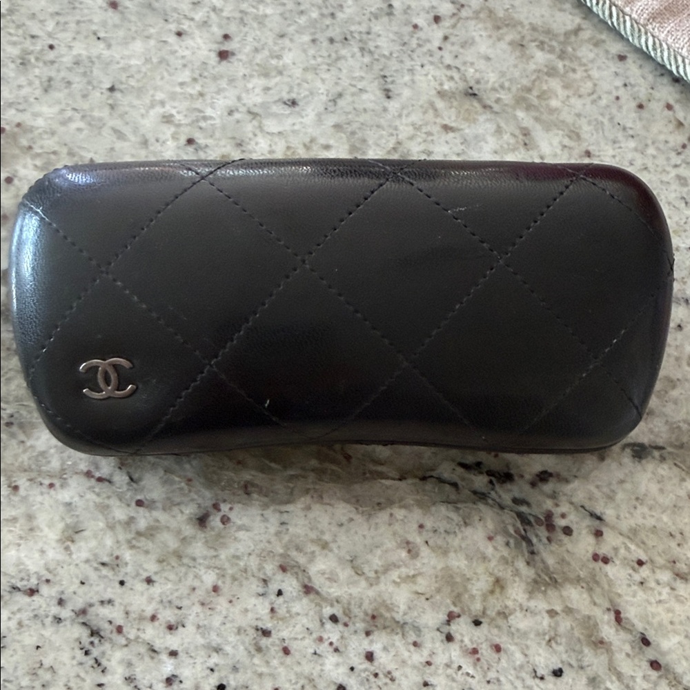 CHANEL Black Quilted Leather Sunglasses Case with Silver CC Logo